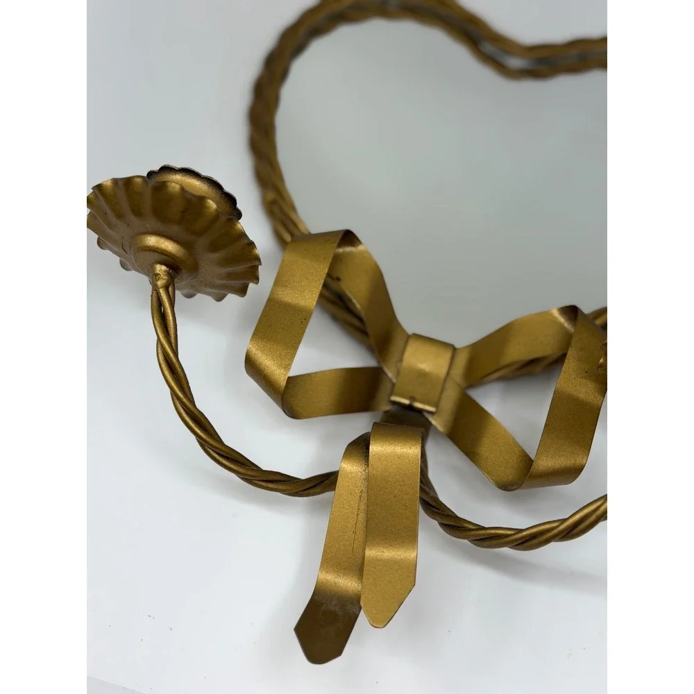 VTG Heart Mirror Candle Sconce Gold Bow Ribbon Twisted Metal Hollywood Regency